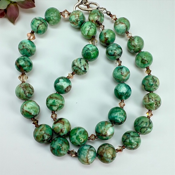 African Turquoise Jasper & Crystal Beaded Necklace w/ Silver Toggle Clasp 20” - Picture 16 of 17
